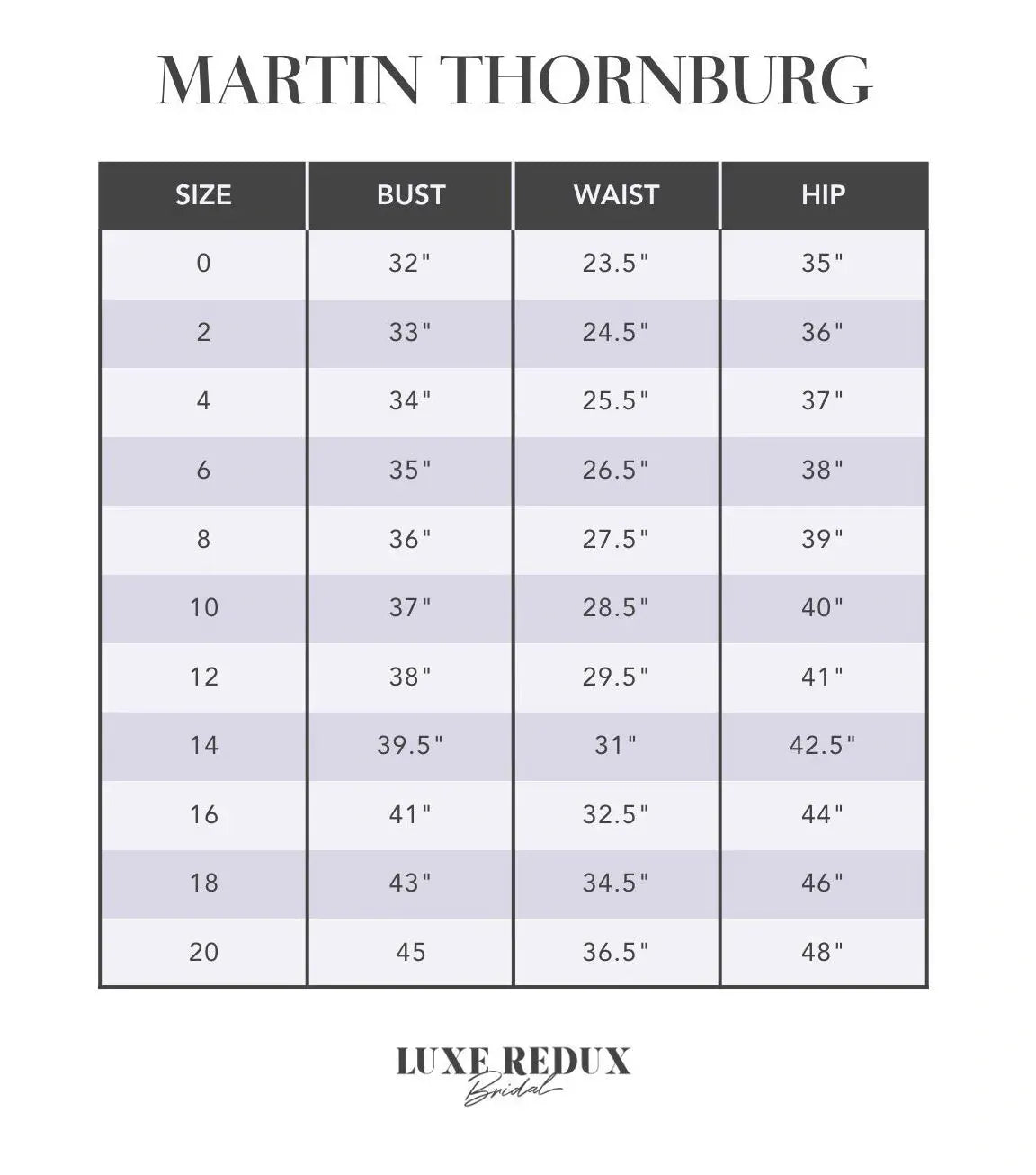 Martin Thornburg Arabella MTL405 - Size 16 Size Chart