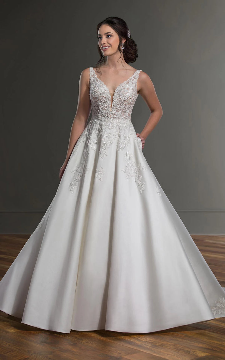 front of martina liana 1075 ivory silk zibeline a-line wedding dress with lace applique bodice and v neckline