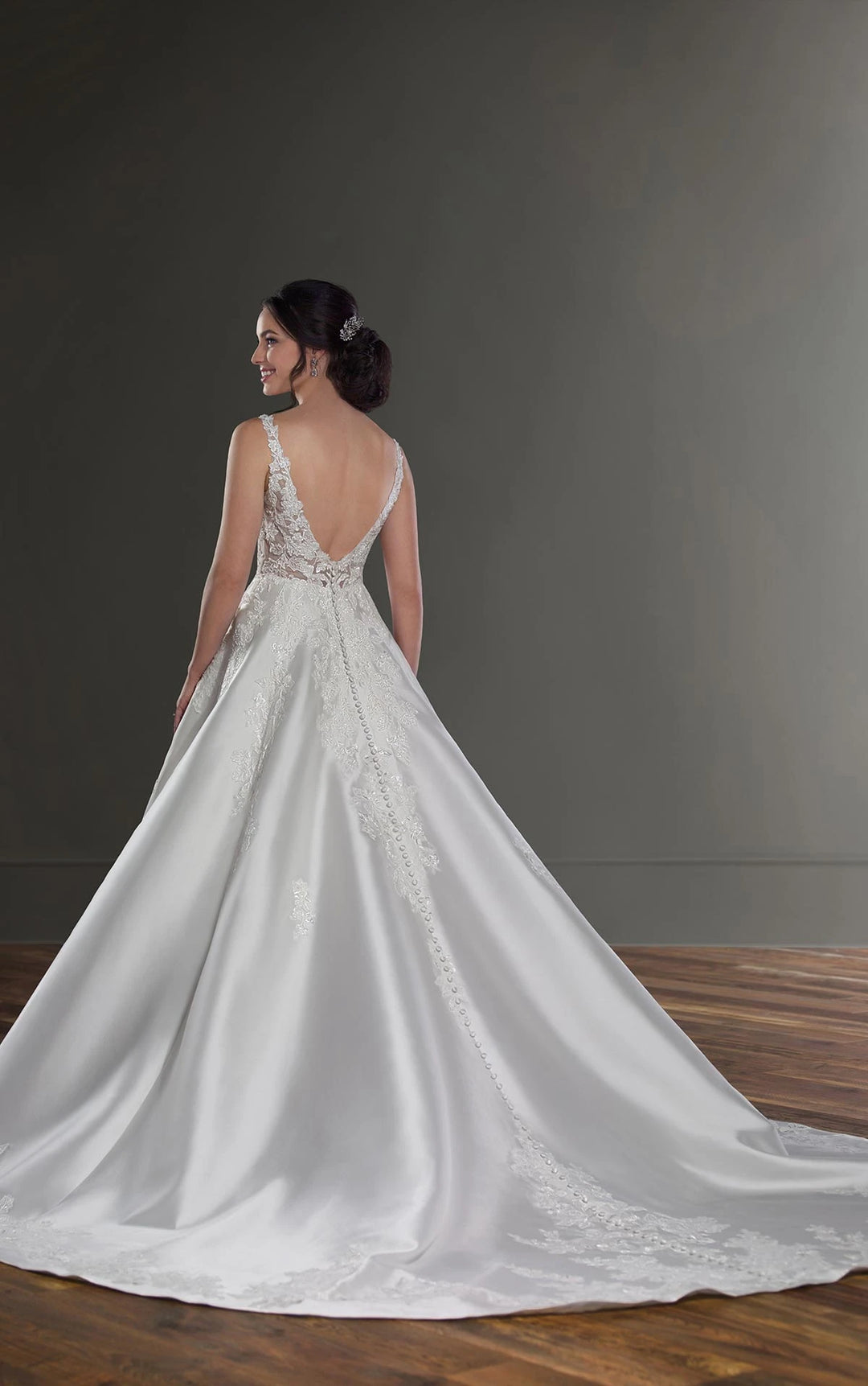 back of martina liana 1075 ivory silk zibeline a-line wedding dress with lace applique bodice and chapel length train
