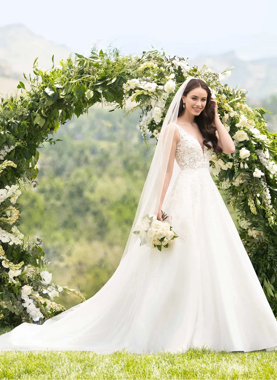 front of martina liana 1075 ivory silk zibeline a-line wedding dress with lace applique bodice and v neckline