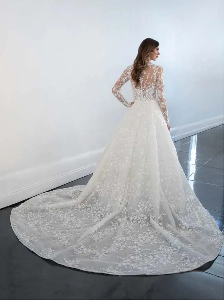 full back of martina liana ml1517 ivory lace ball gown with an illusion neckline and chapel length train