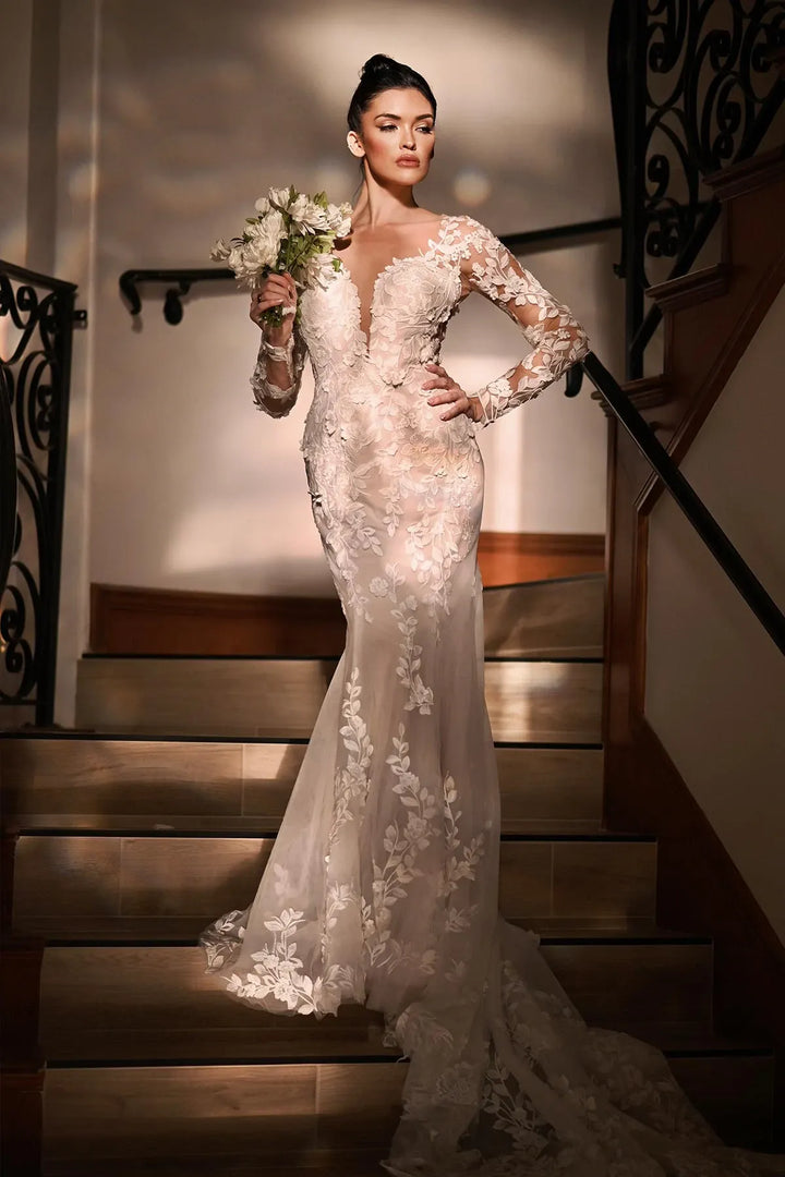 full front of martina liana ml1440 nude tulle fitted wedding dress covered in floral laces, with a deep neckline and long sleeves