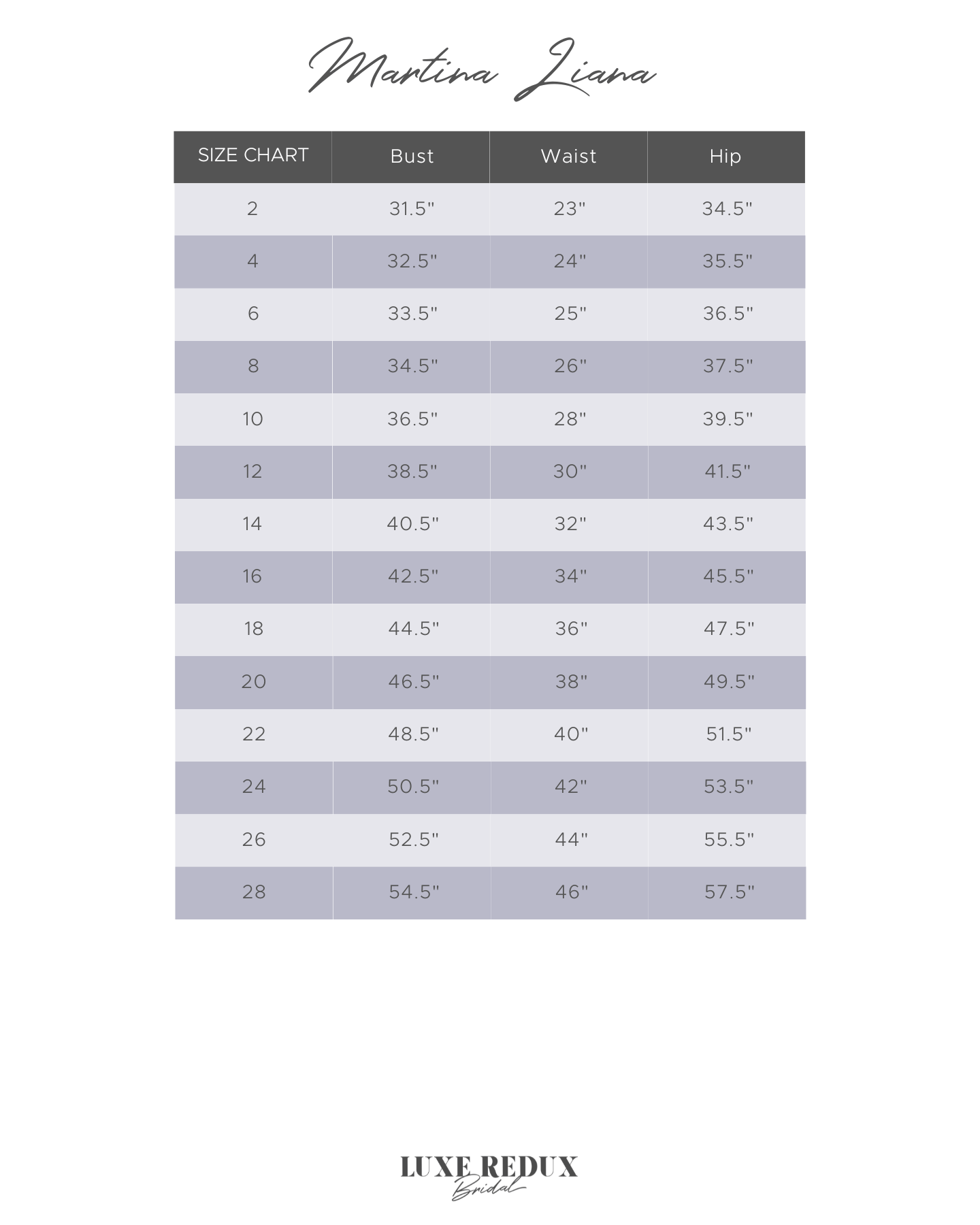 Martina Liana 1371 - Size 16 Size Chart