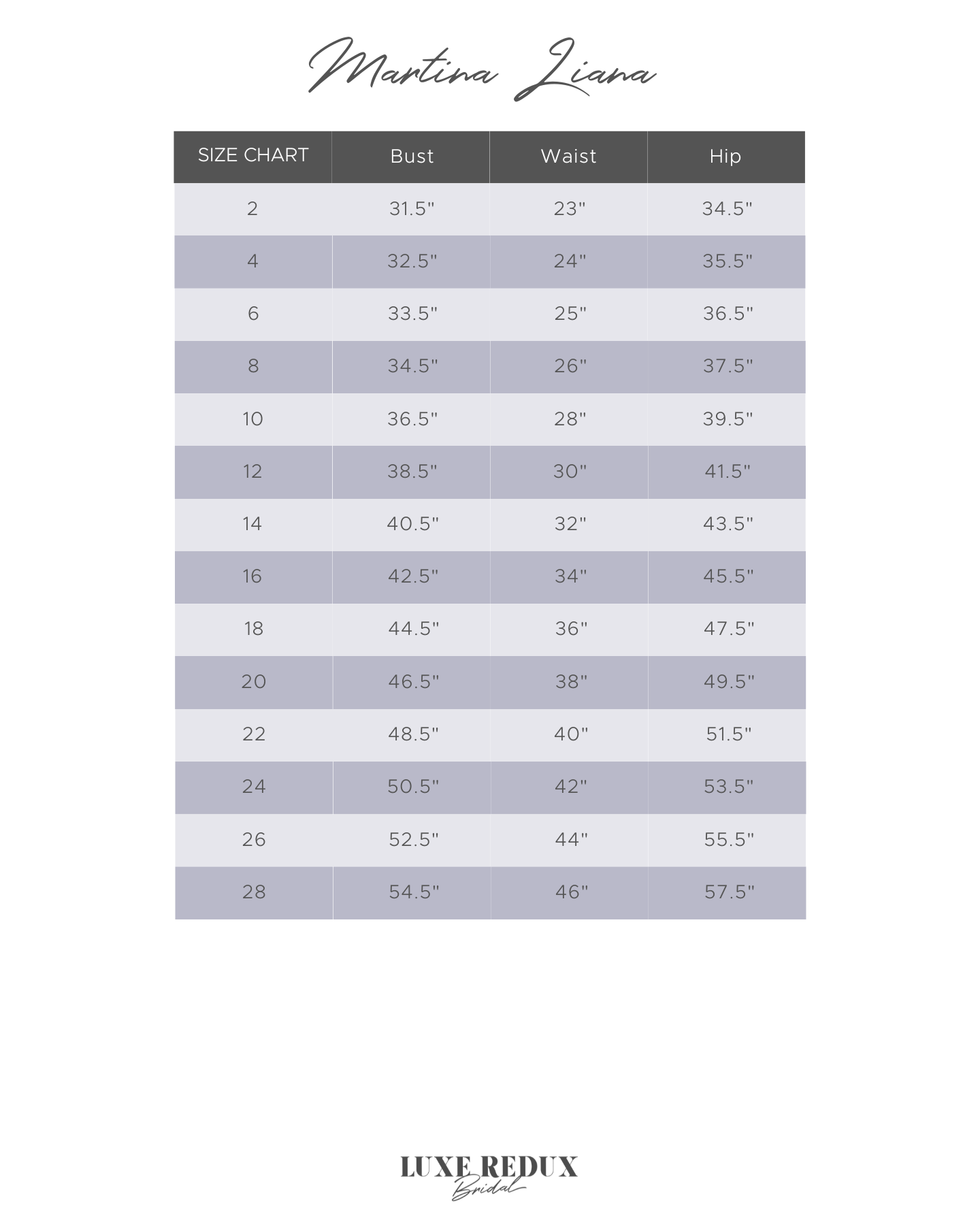 Martina Liana 1267 - Size 20 Size Chart