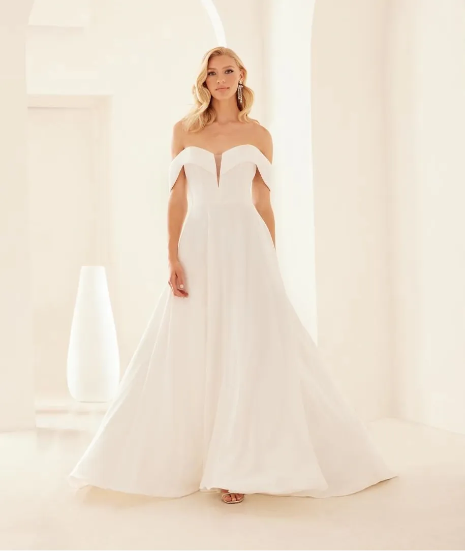 front of mikaella m2433 ivory crepe a-line wedding dress with deep V neckline with foldover accent on the neckline and off the shoulder straps