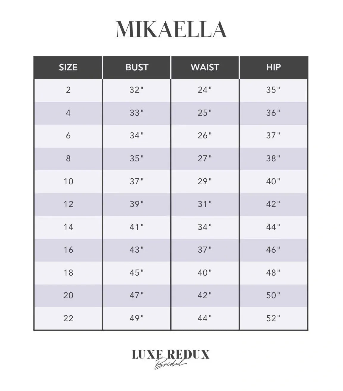 Mikaella M2565 - Size 12 Size Chart