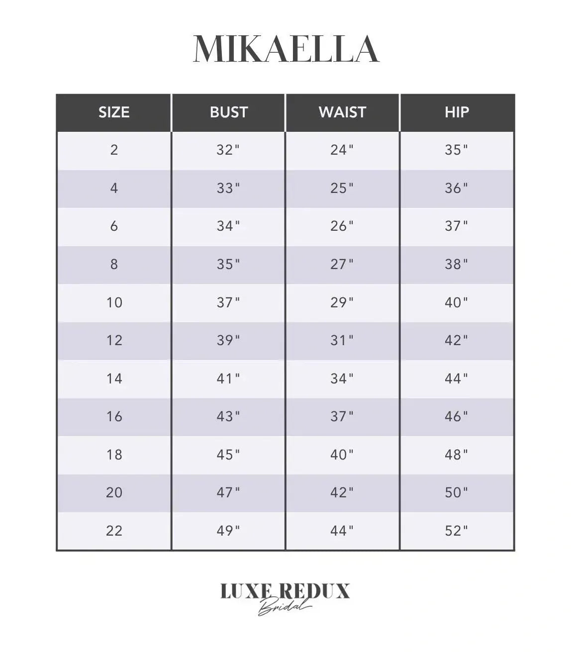 Mikaella M2525 - Size 18 Size Chart
