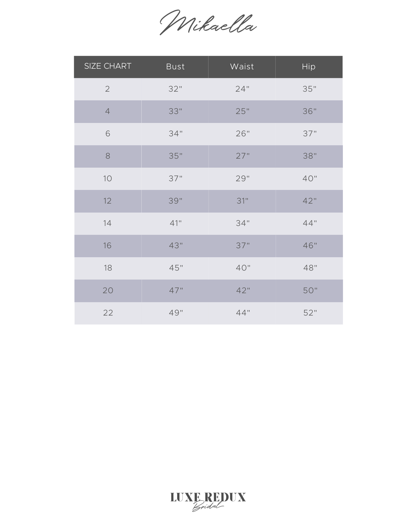 Mikaella M2430 - Size 12 Size Chart