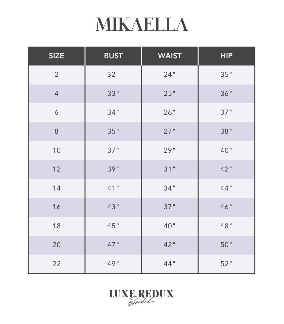 Mikaella M2511 - Size 12 Size Chart