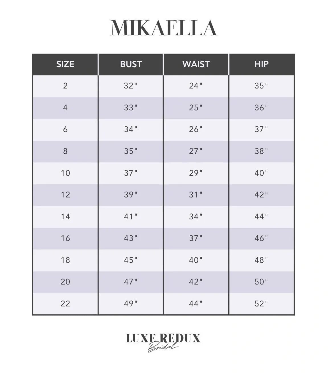 Mikaella M2485 + Bow - Size 8 Size Chart