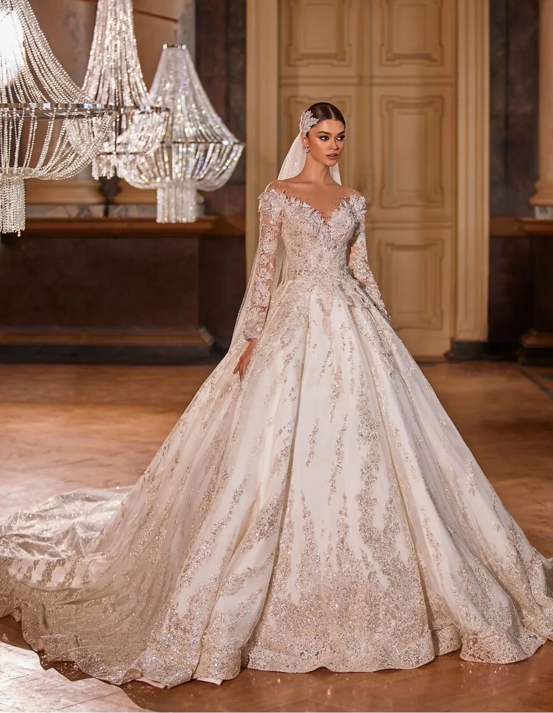 full front of milla nova marilyn satin ivory fitted wedding dress with a matching overskirt and long sleeves