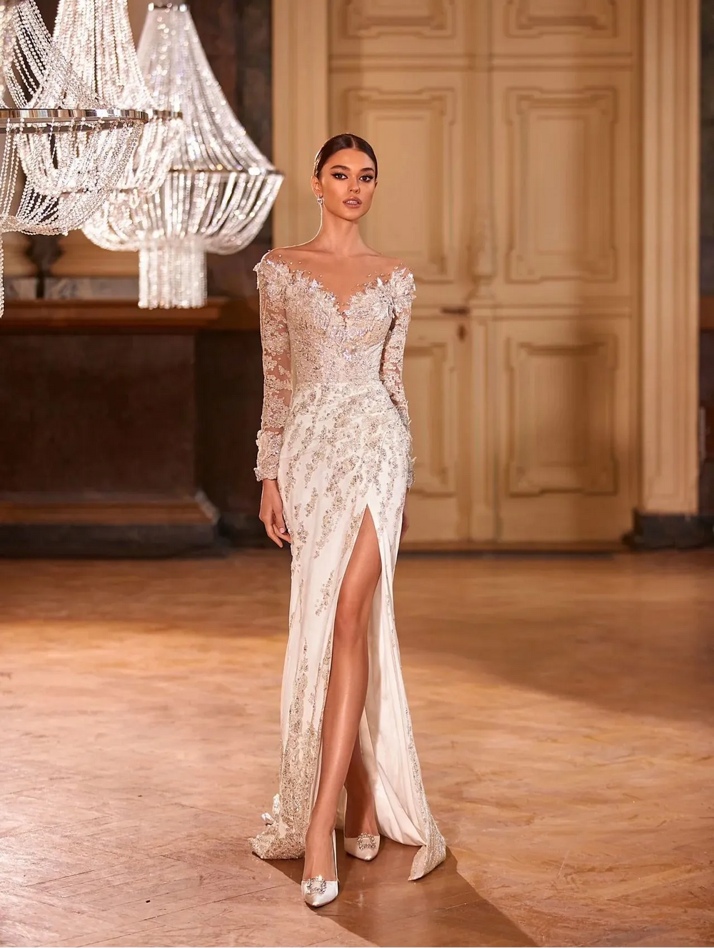full front of milla nova marilyn satin ivory fitted wedding dress with a matching overskirt and long sleeves - shown without the overskirt