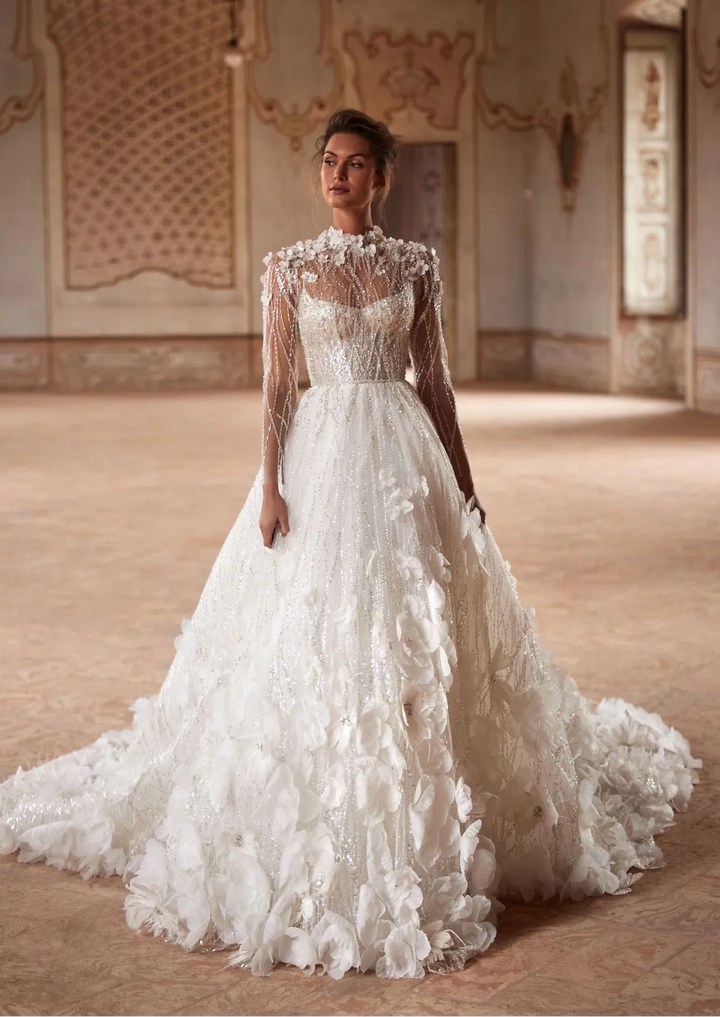 full front of milla nova sparkle ivory tulle ball gown with dimensional floral details + a strapless bodice