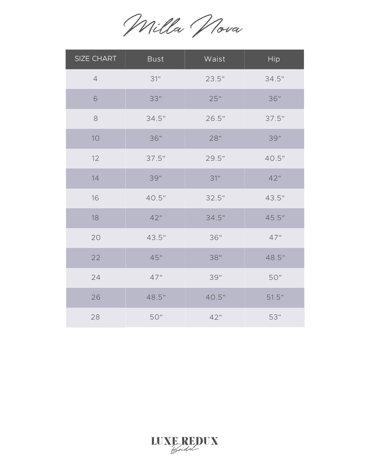 Milla Nova Cameron - Size 12 Size Chart