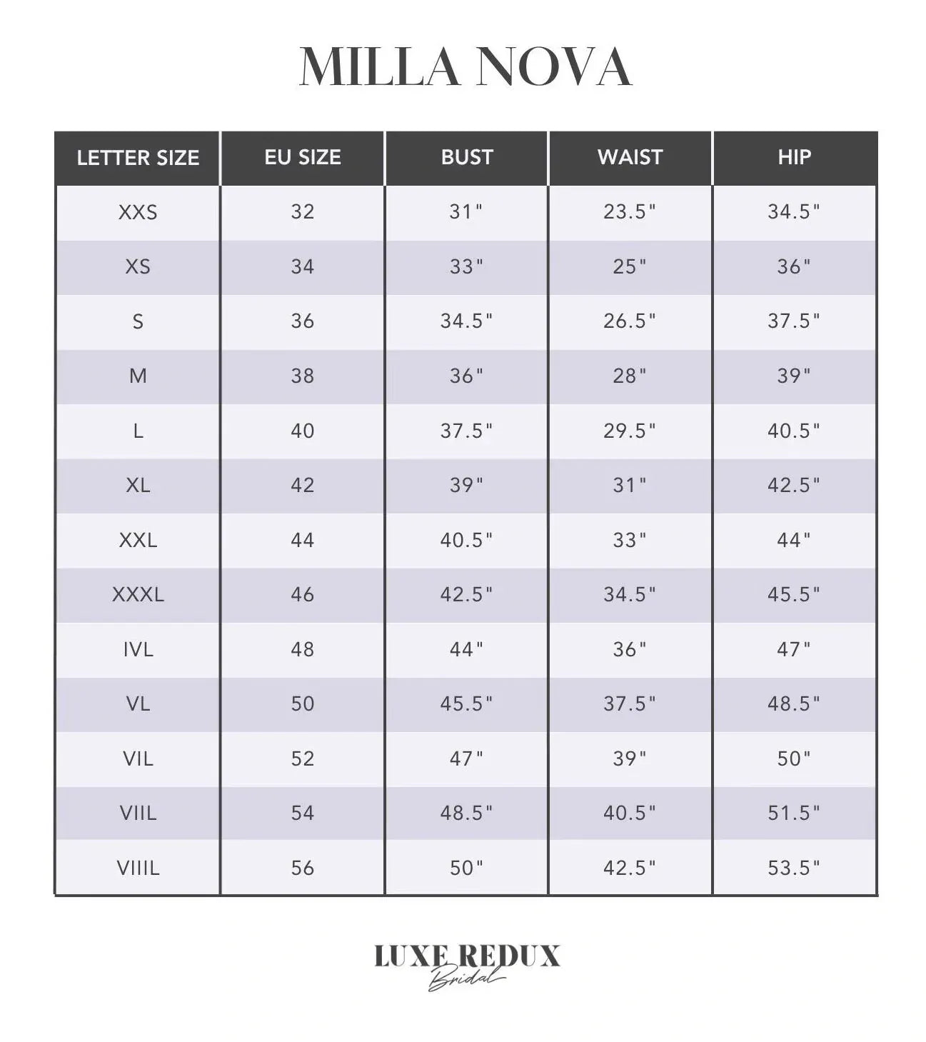 Milla Nova Coco - Size 16 Size Chart