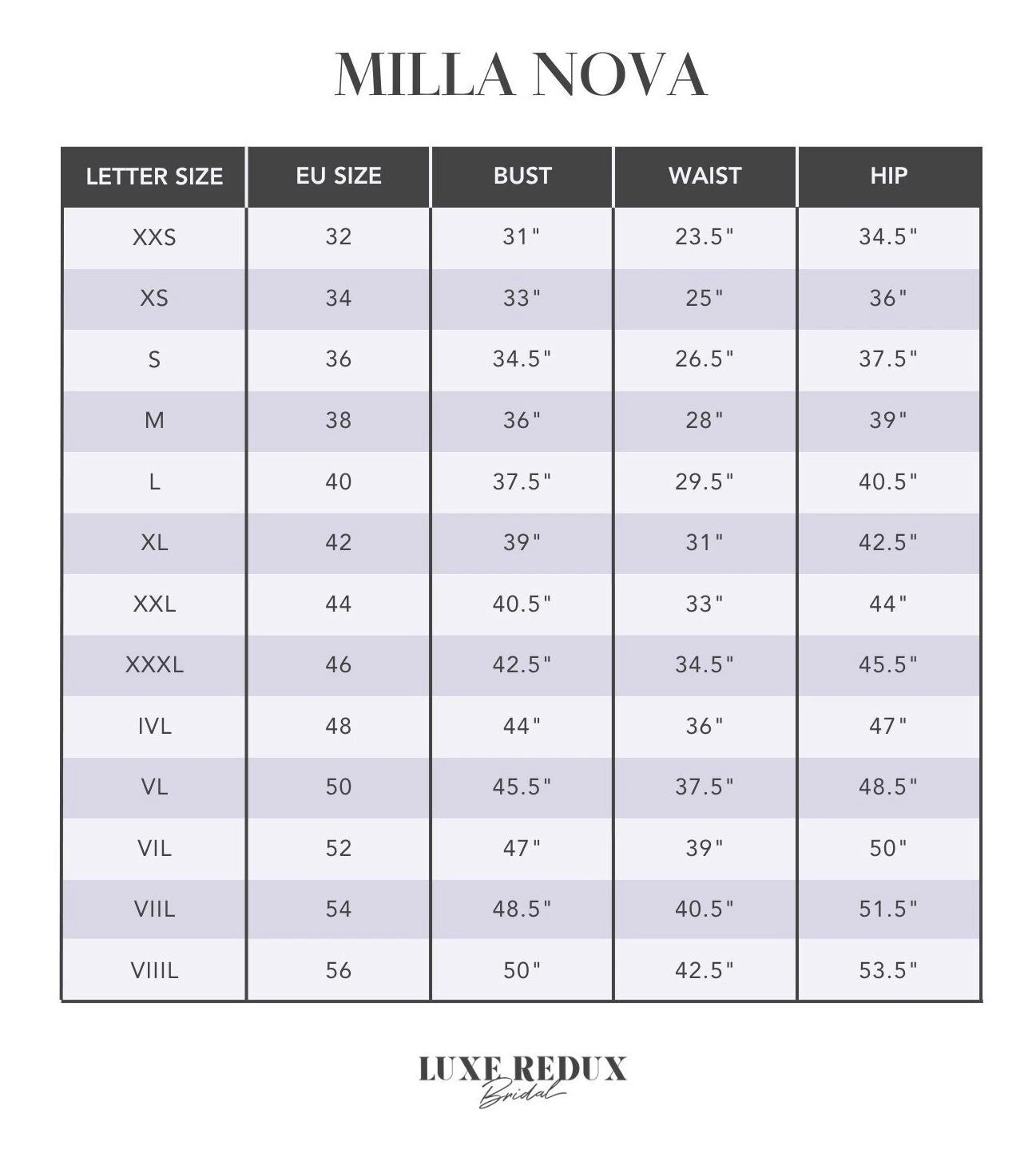 Milla Nova Satinelle - Size 18 Size Chart