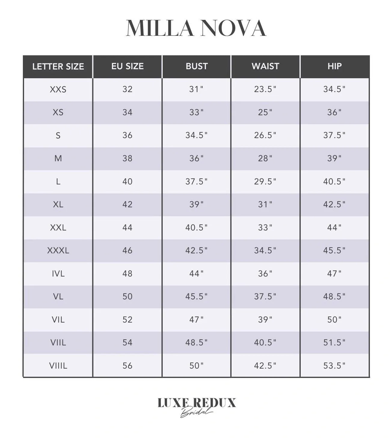 Milla Nova Sparkle [Gown Only] - Size Medium Size Chart