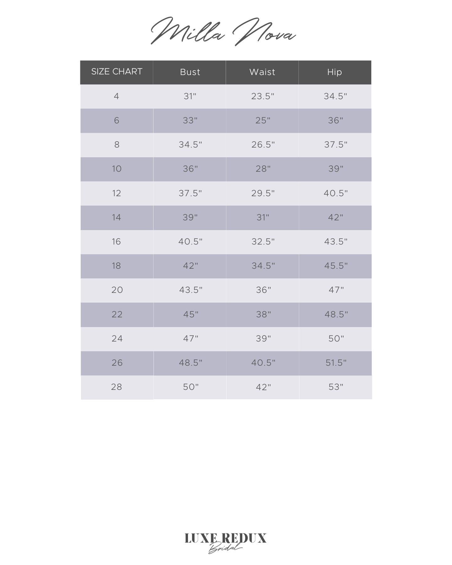 Milla Nova Letizia - Size 12 Size Chart