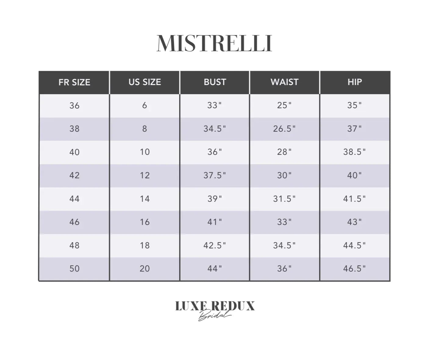 Mistrelli Aisha - Size 8 Size Chart
