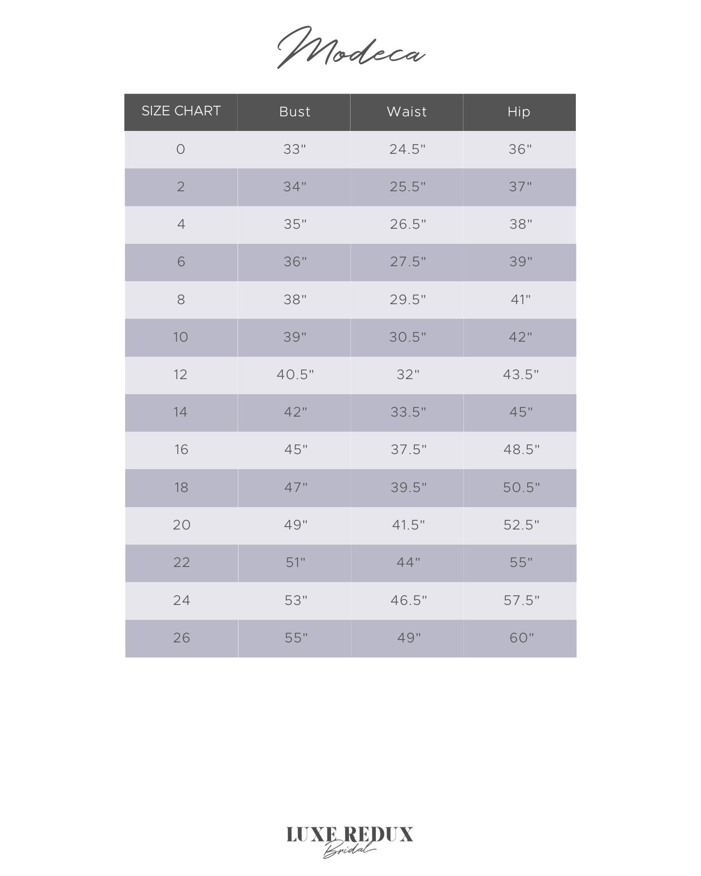 Modeca True - Size 20 Size Chart