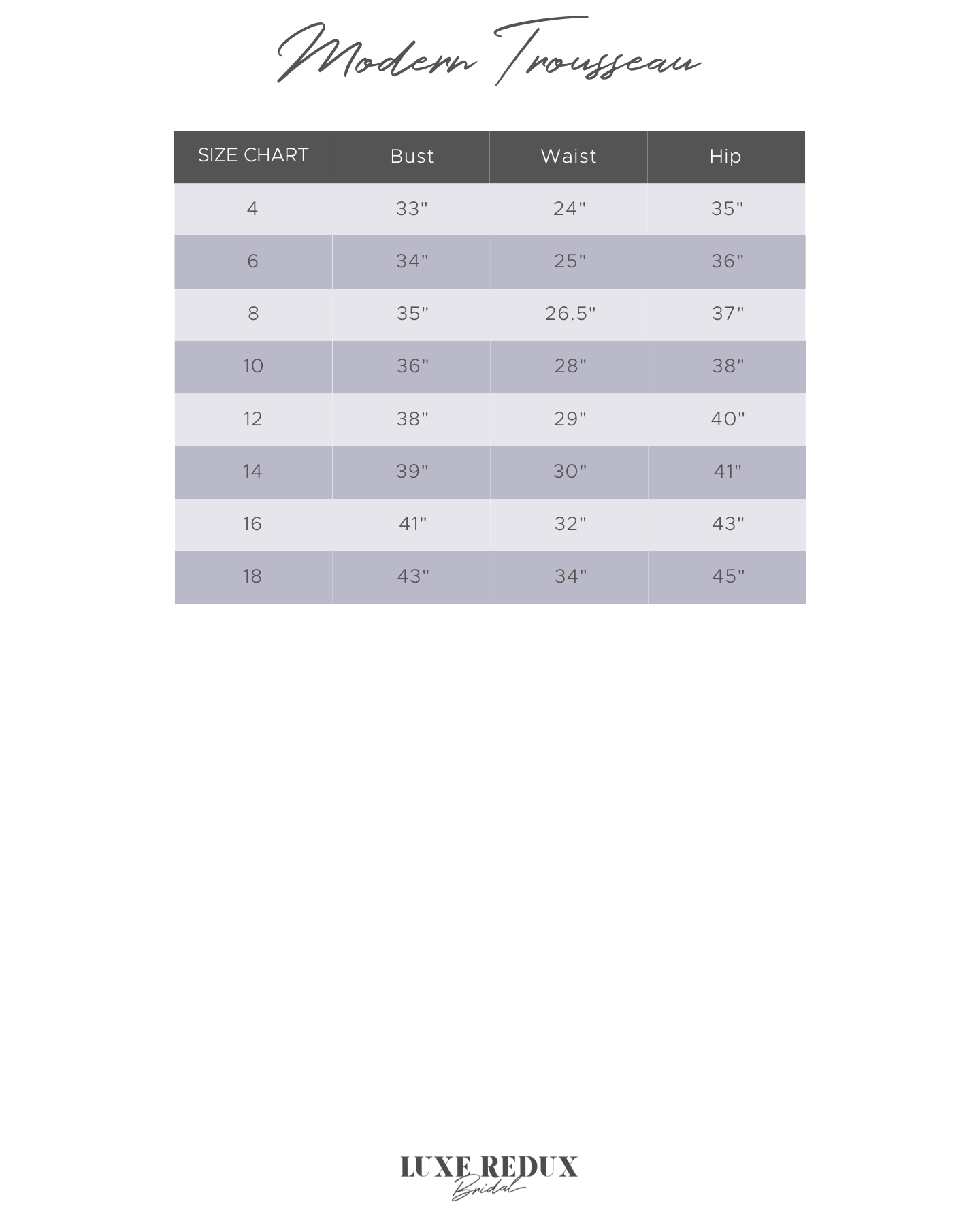 Modern Trousseau Chandler - Size 10 Size Chart