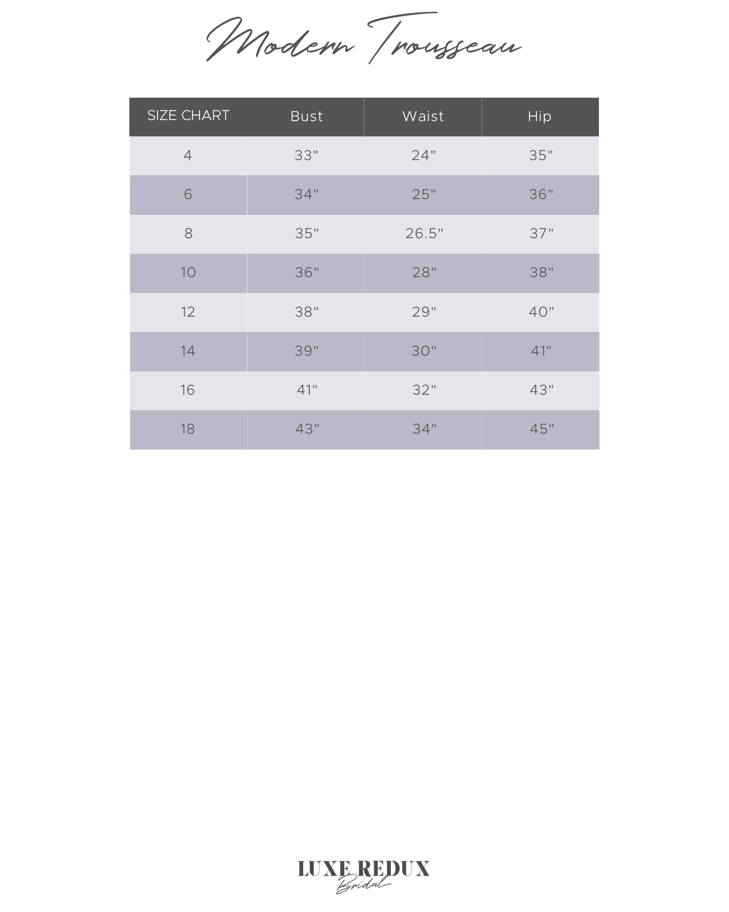 Modern Trousseau Collins - Size 12 Size Chart