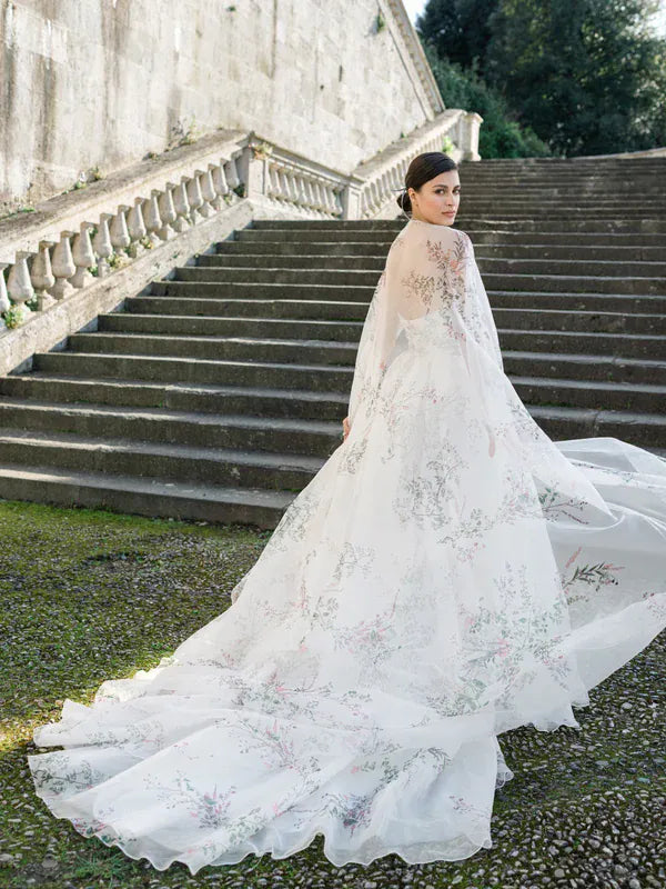 full back of monique lhuillier bl25105 printed organza wedding dress with matching floral cape