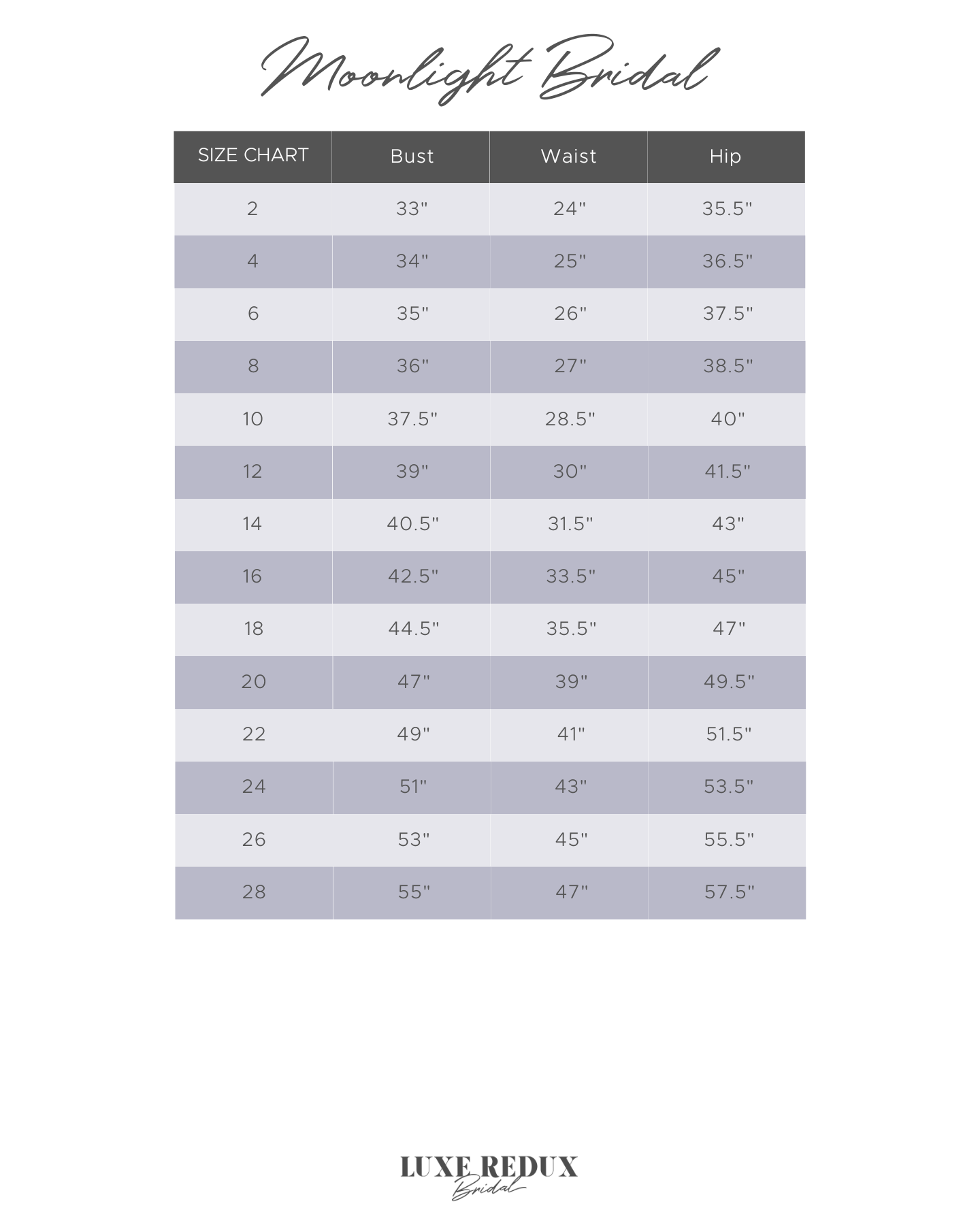 Moonlight Bridal J6824 - Size 10 Size Chart