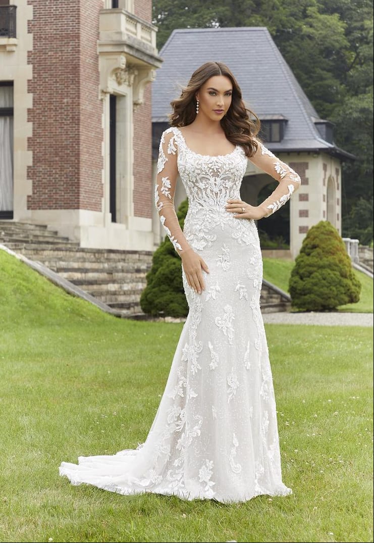 full front of morilee 2418 ivory lace fitted wedding dress with a square neckline and long sleeves