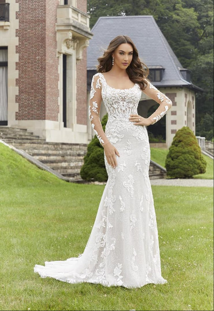 full front of morilee 2418 ivory lace fitted wedding dress with a square neckline and long sleeves
