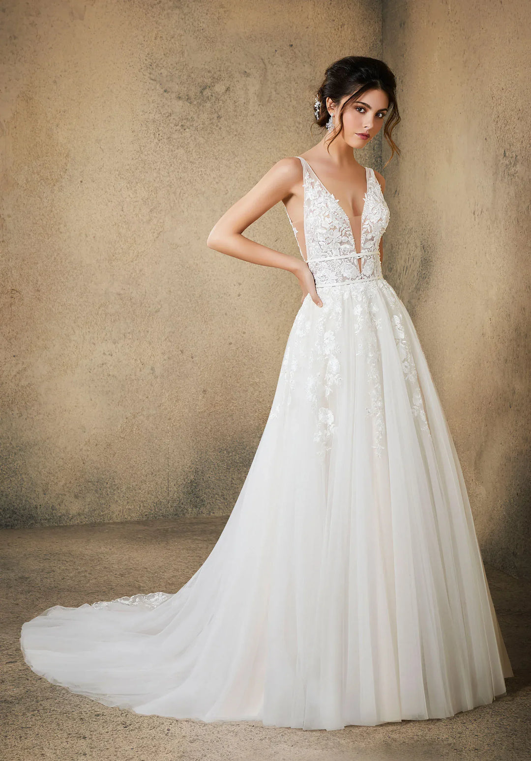 Morilee 5763 Wedding Dress Tulle A-line Bridal Gown with Plunging Neckline, Beaded Lace Appliqus, and Side Cutouts Size 12 Luxe Redux Bridal Morilee 5763 Wedding Dress Tulle A-line Bridal Gown with Plunging Neckline, Beaded Lace Appliqus, and Side Cutouts Size 12 Luxe Redux Bridal