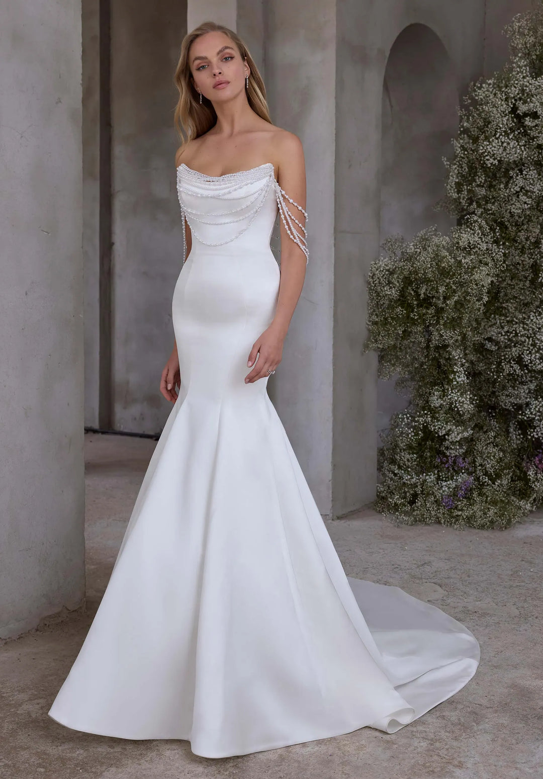 front of morilee atete ivory satin fit and flare wedding dress with scoop neckline embellished with beading
