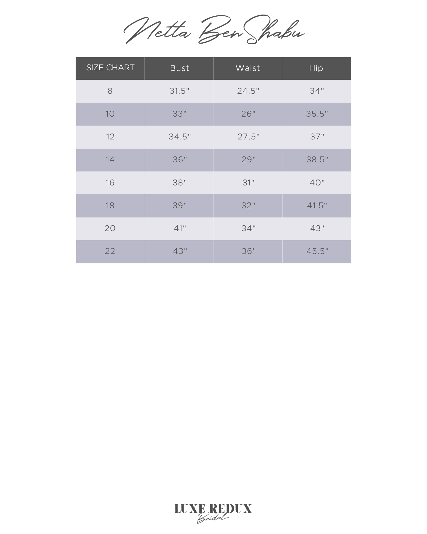 Netta BenShabu Nadin - Size 12 Size Chart