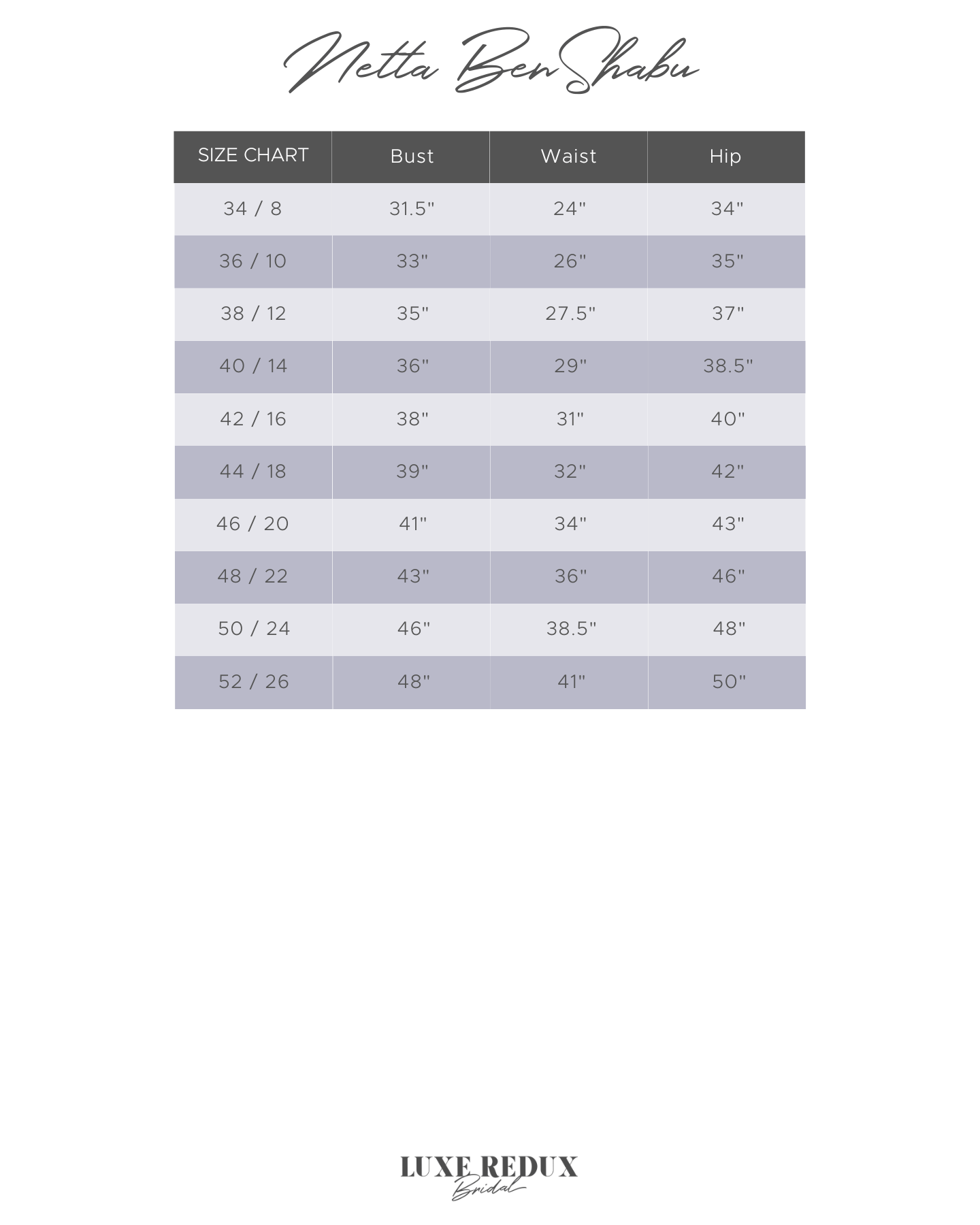 Netta BenShabu Leigh - Size 14 Size Chart