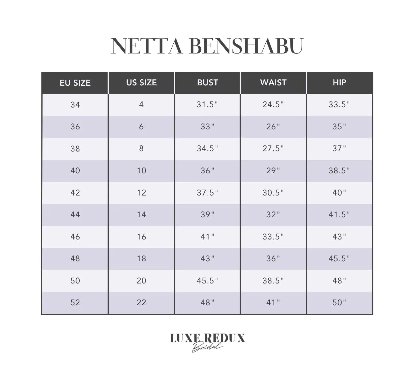Netta BenShabu Avery - Size 12 Size Chart