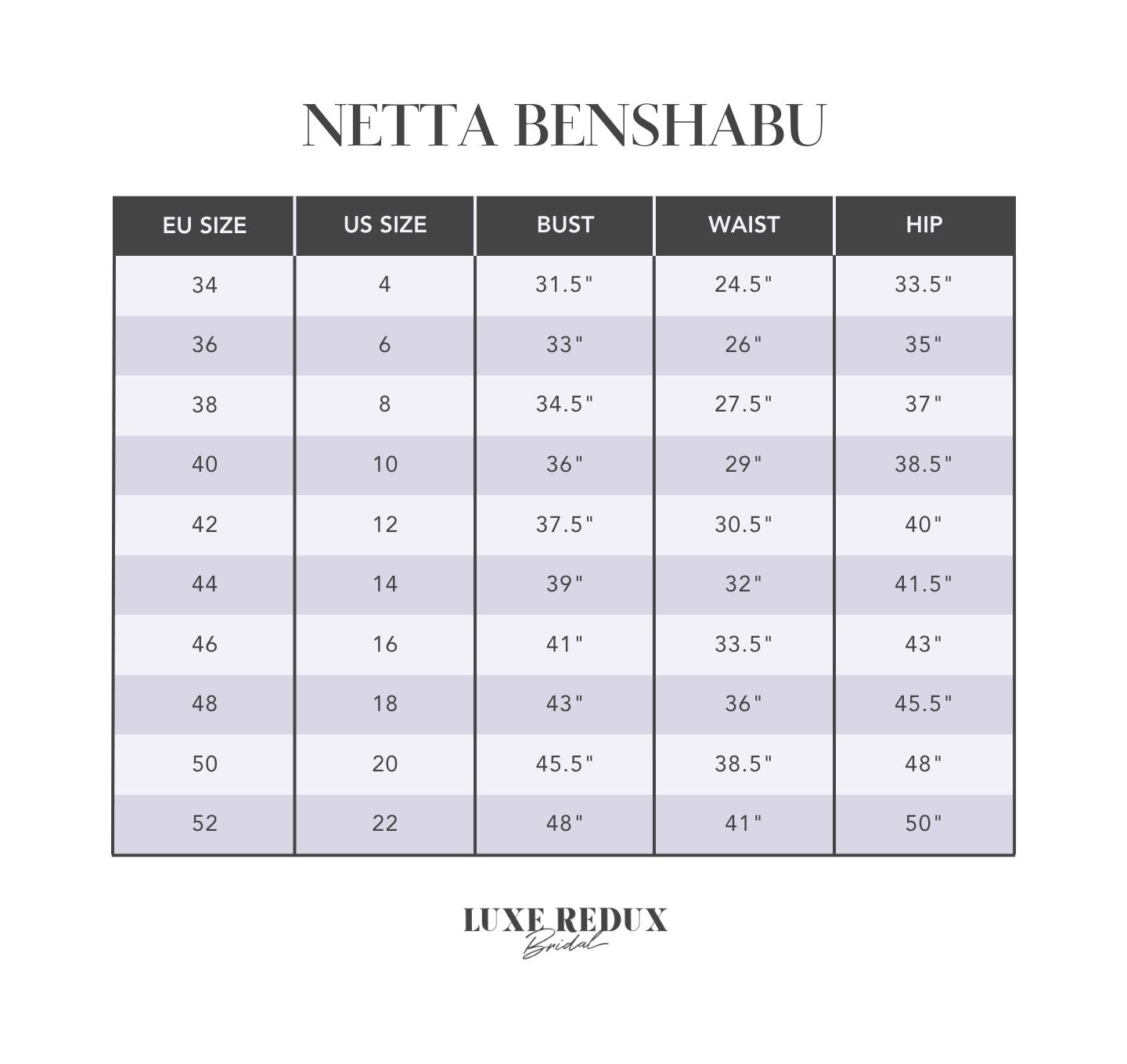 Netta BenShabu Beth - Size 16 Size Chart
