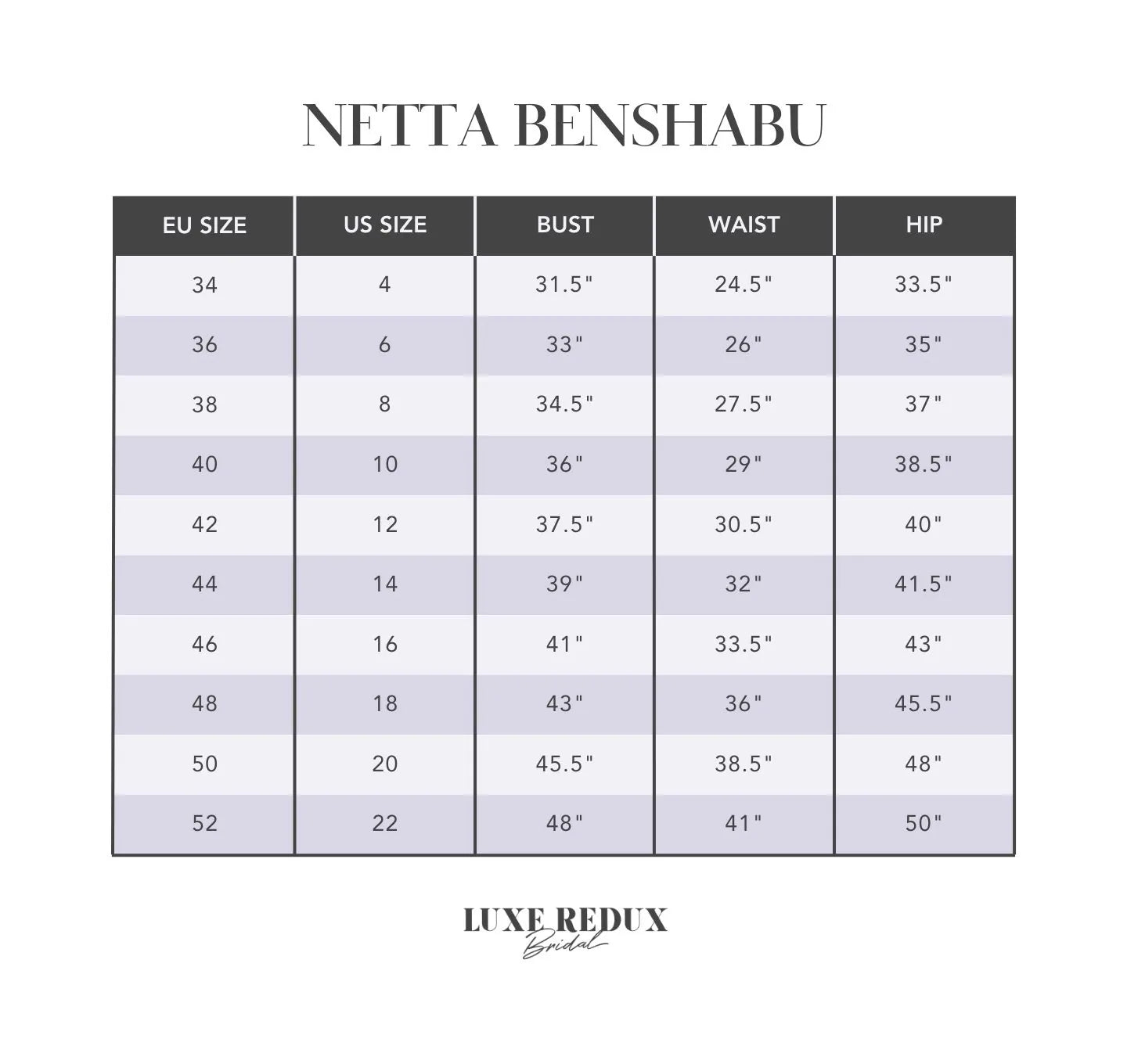 Netta Benshabu Morgana - Size 12 Size Chart