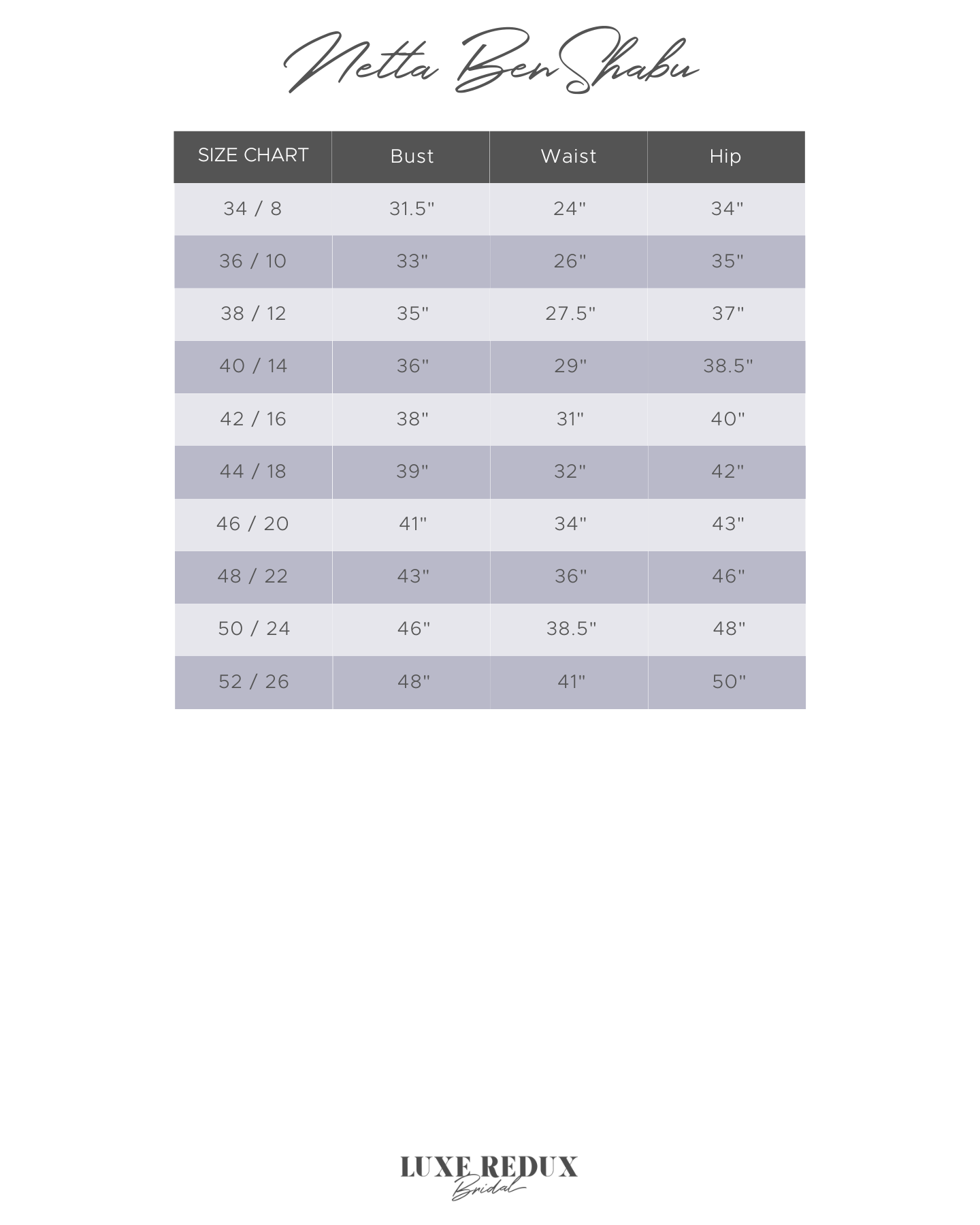 Netta BenShabu Reign + Overskirt - Size 22 Size Chart