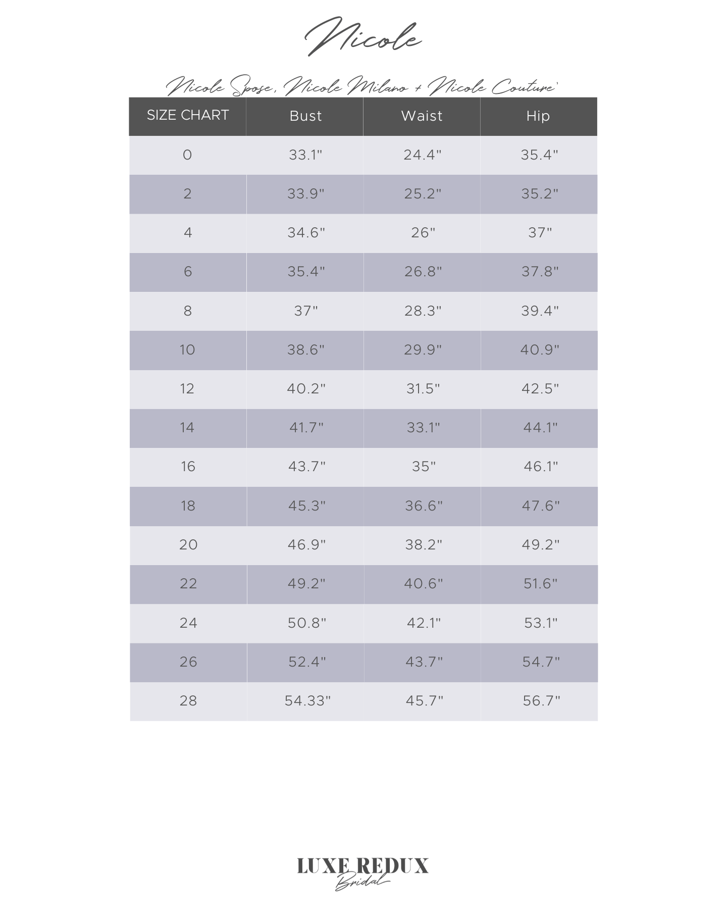 Nicole Spose Adonide - Size 12 Size Chart