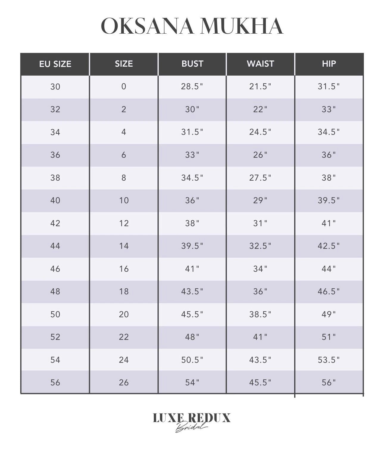 Oksana Mukha Gwen [Custom] - Size 12 Size Chart