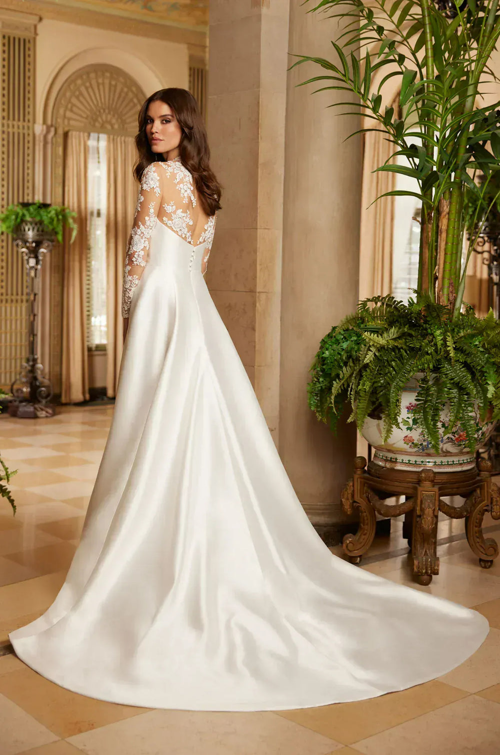back of paloma blanca p5051 ivory mikado a-line wedding dress with sheer lace back and chapel length train