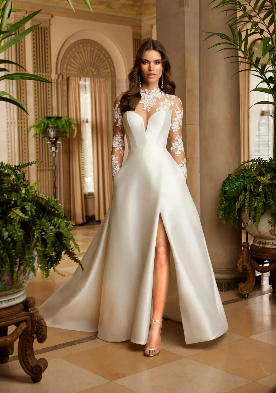 front of paloma blanca p5051 ivory mikado a-line wedding dress with sweetheart strapless neckline and long sleeve lace underlay