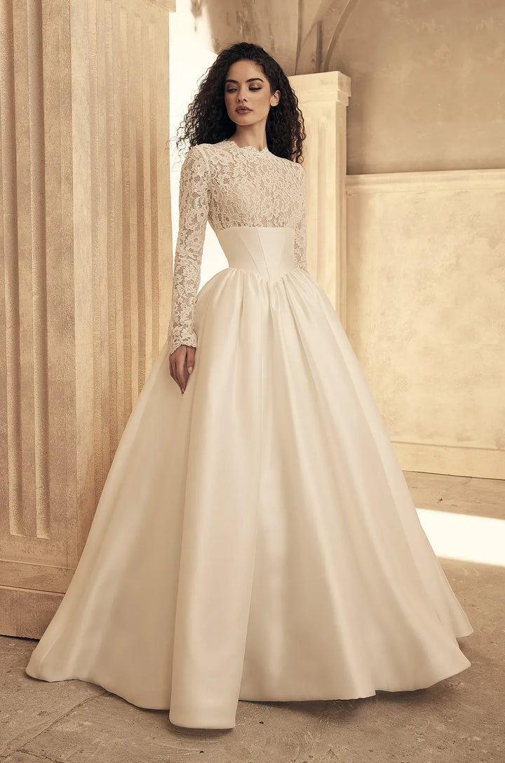 full front of paloma blanca p5154 ivory mikado ball gown wedding dress with a lace bodice with a high neckline, and long sleeves