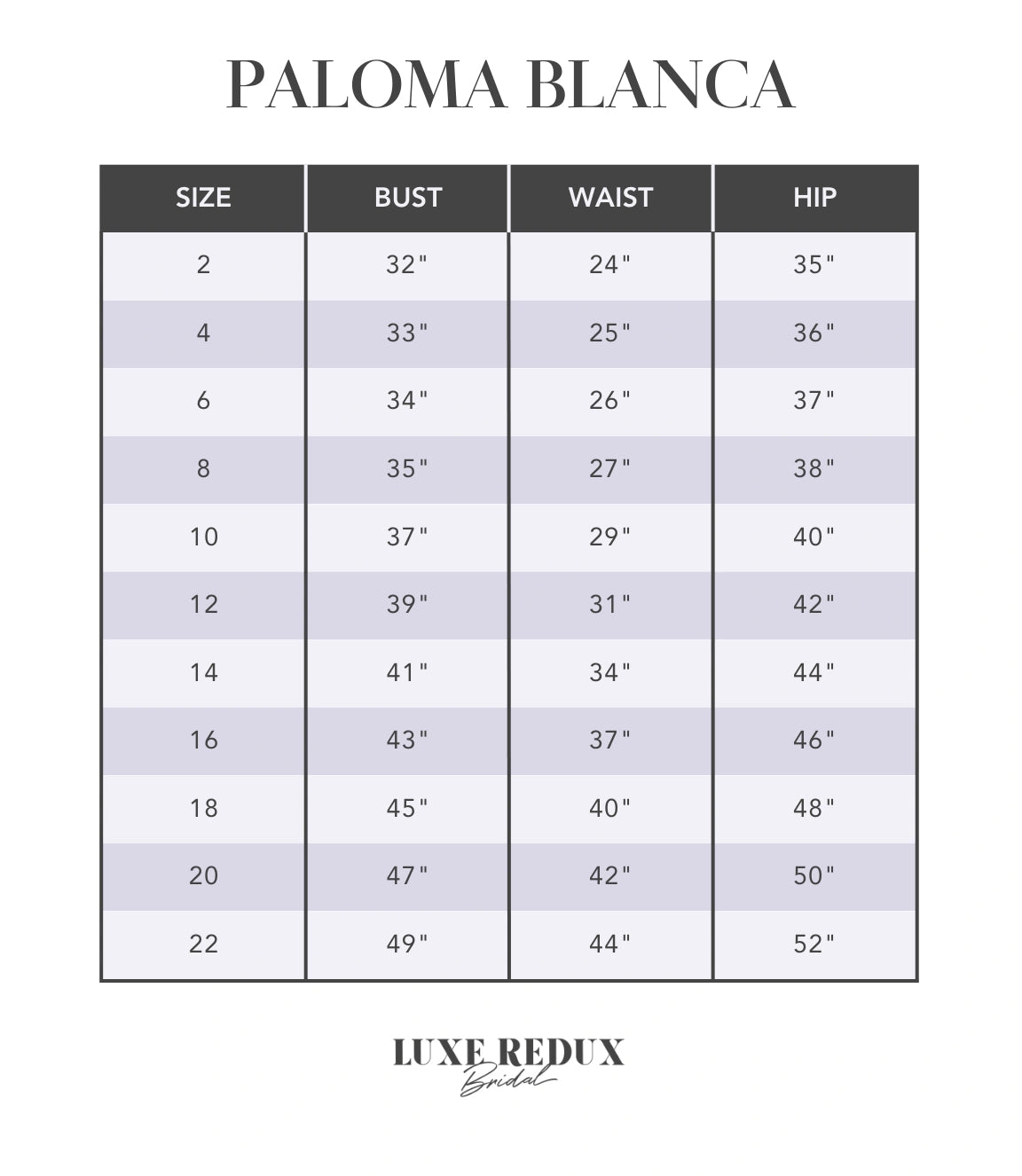 Paloma Blanca P5036 - Size 22 Size Chart