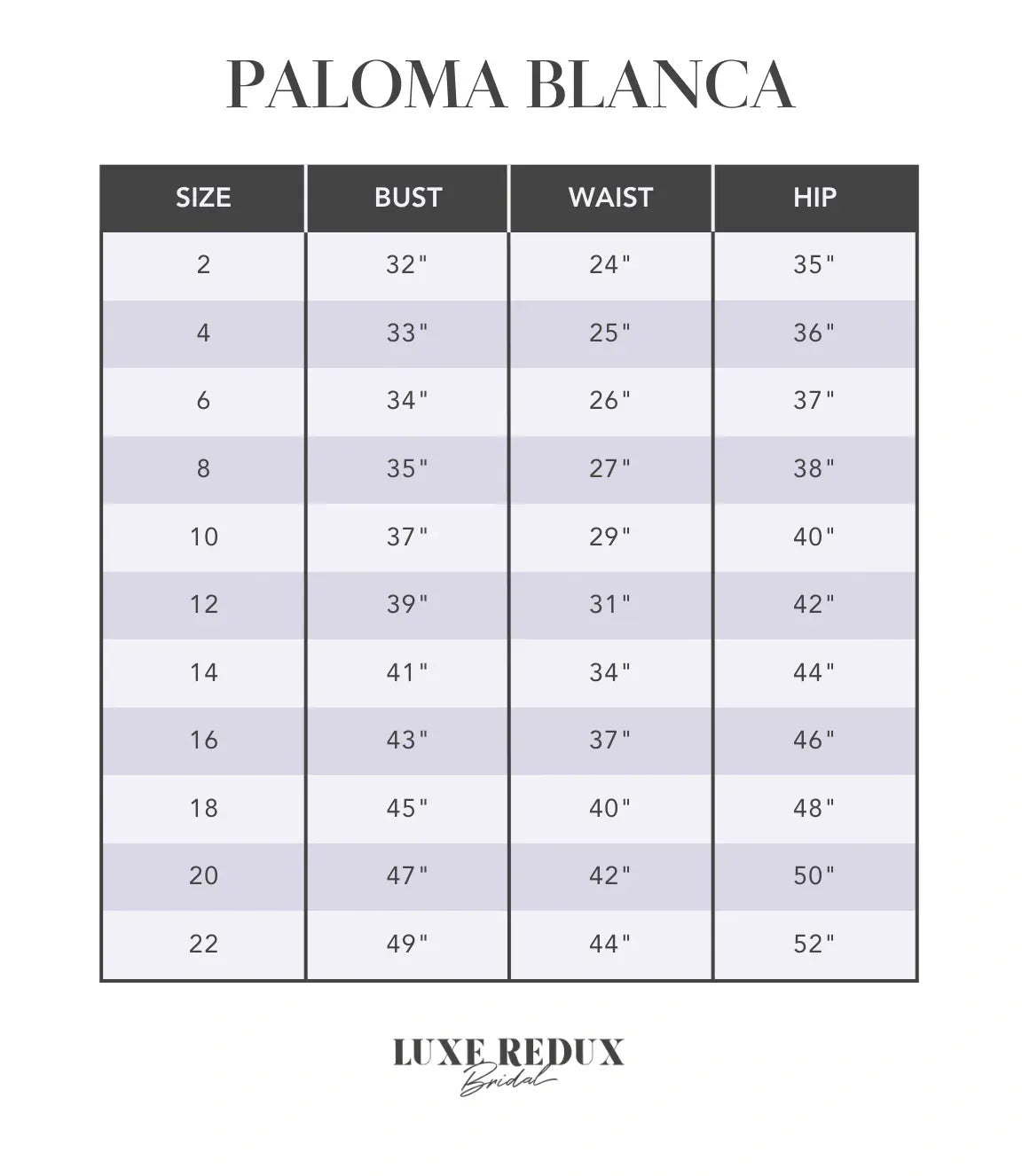 Paloma Blanca P5086 - Size 14 Size Chart