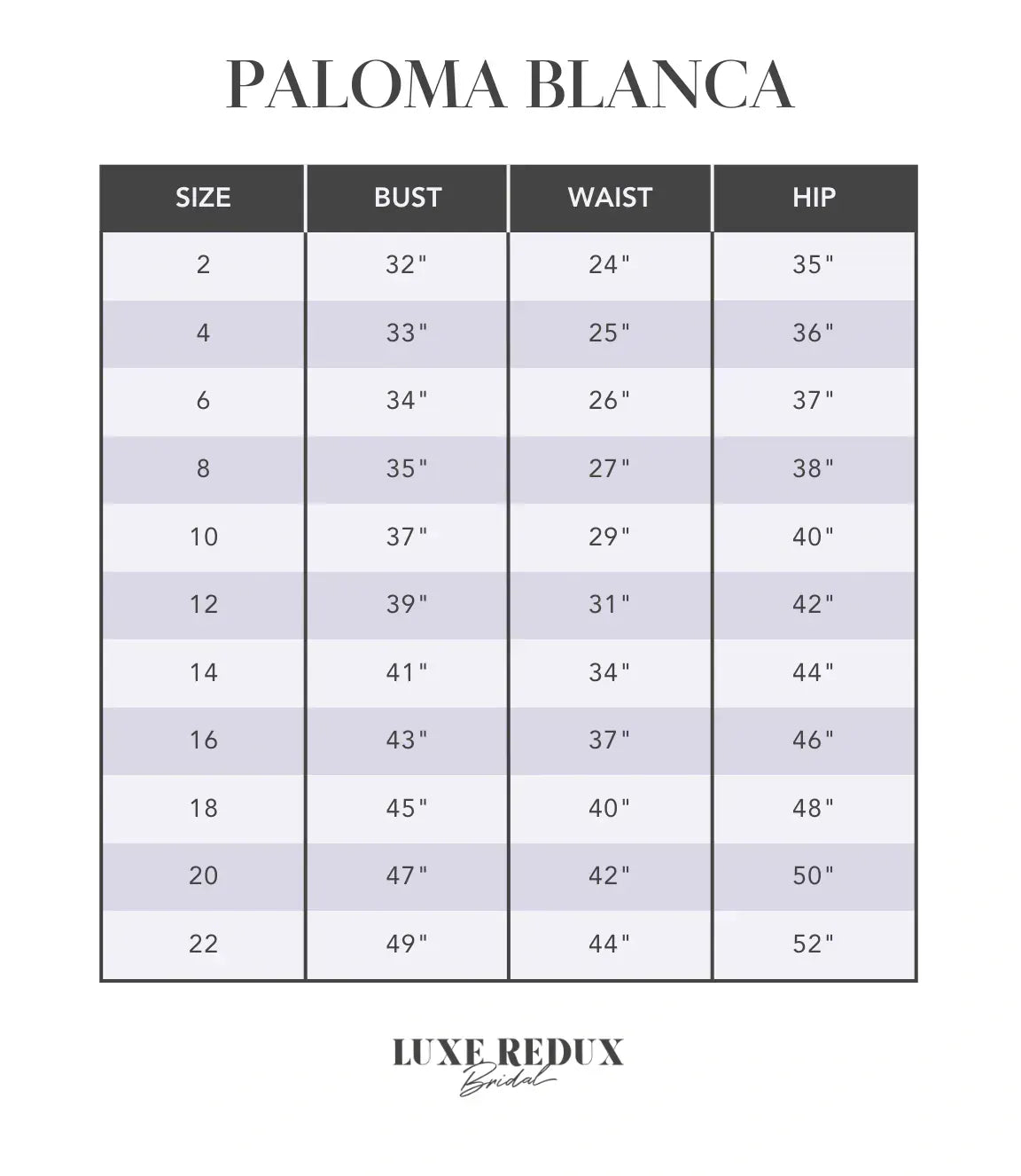 Paloma Blanca P5088 - Size 10 Size Chart