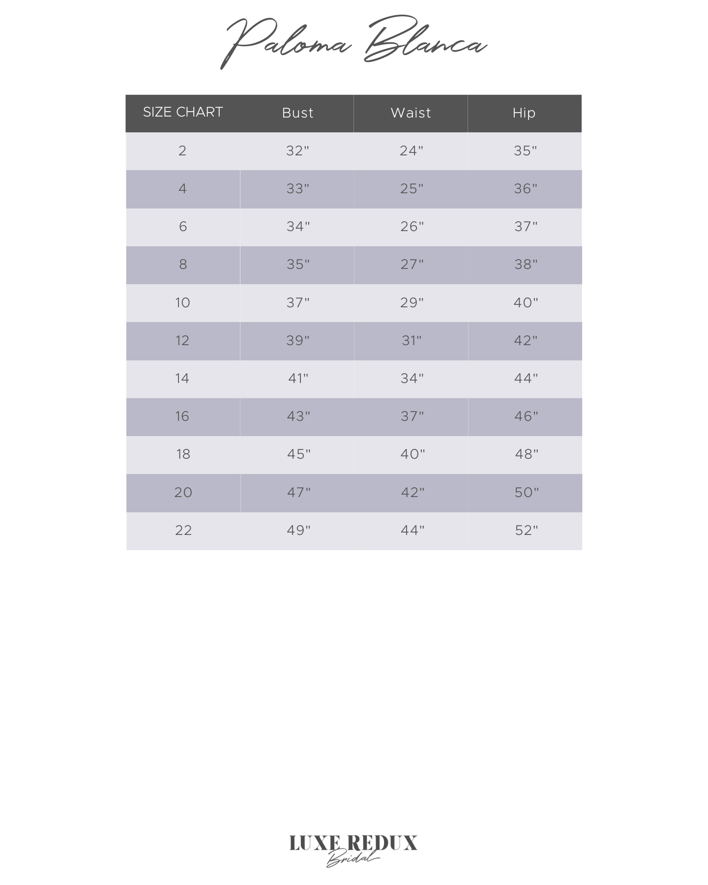 Paloma Blanca 5002 - Size 18 Size Chart