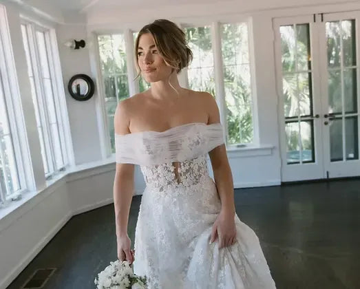 front of penelope by lex frannie ivory lace and tulle a-line wedding dress with a plunge bodice