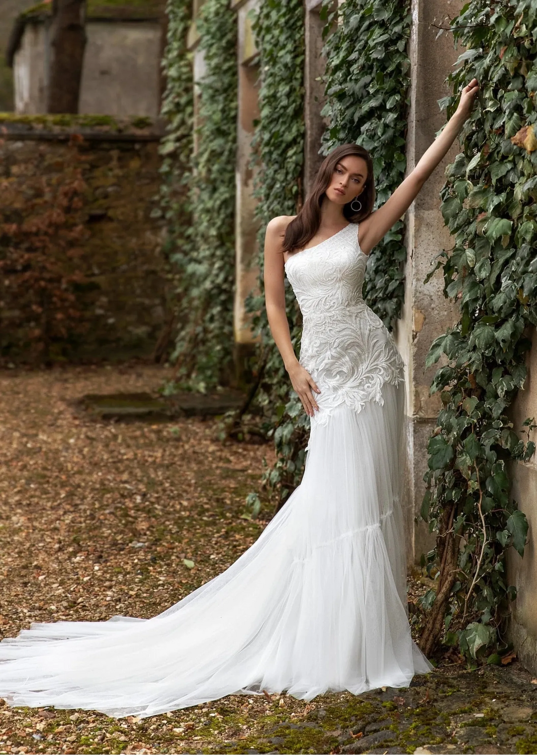 full front of pollardi treasure ivory tulle fitted wedding dress with beaded appliques and a one shoulder neckline