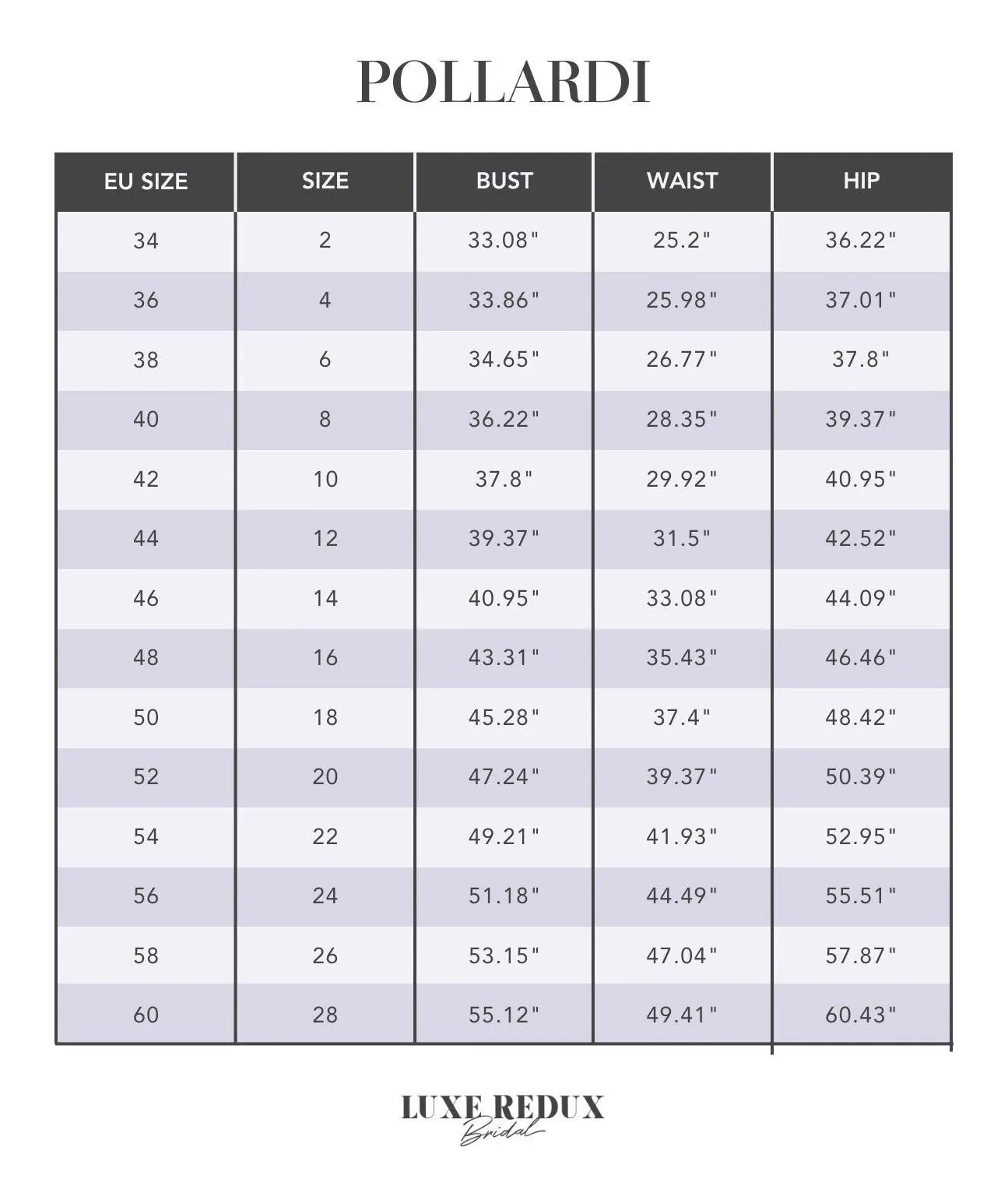 Pollardi Seduction - Size 12 Size Chart